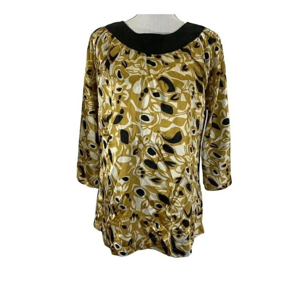 Gold BCBG Maxazria Blouse Womens Medium Black Neckline Silky Office Party Work - Picture 1 of 7